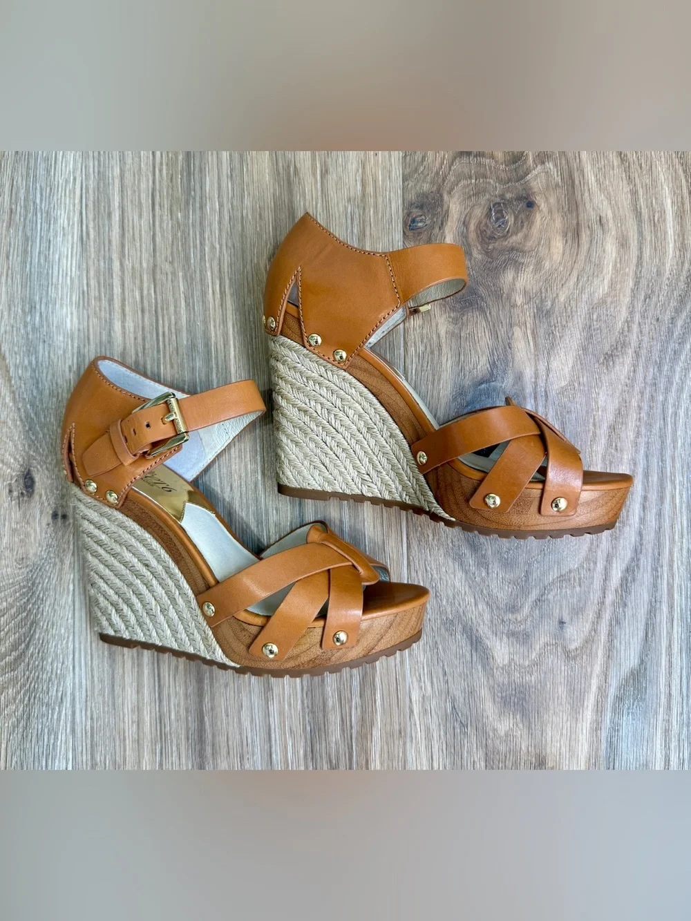 Michael Michael Kors Somerly Leather Wedge Sandals Peanut Size 6.5M